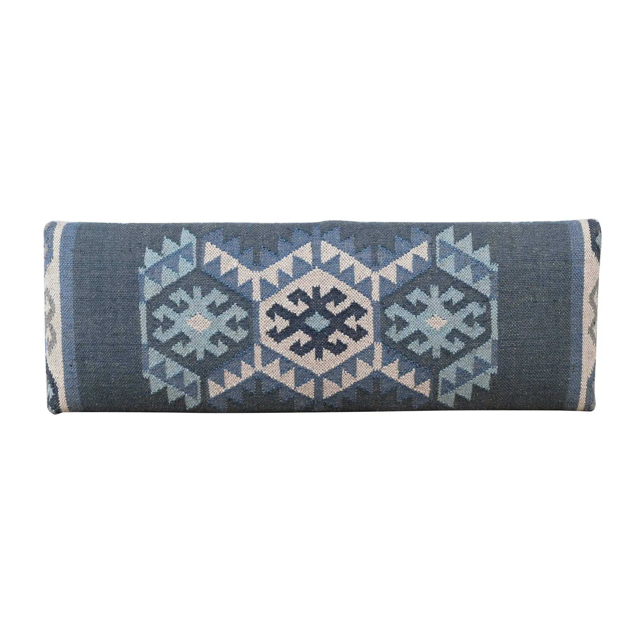 47" Blue and Brown Geometric Jute and Solid Wood Upholstered Bench Homeroots Living Room