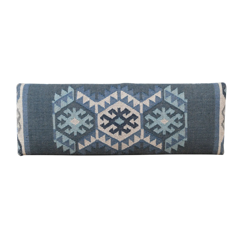 47" Blue and Brown Geometric Jute and Solid Wood Upholstered Bench Homeroots Living Room
