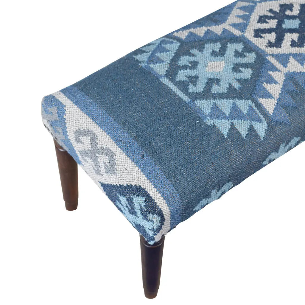 47" Blue and Brown Geometric Jute and Solid Wood Upholstered Bench Homeroots Living Room