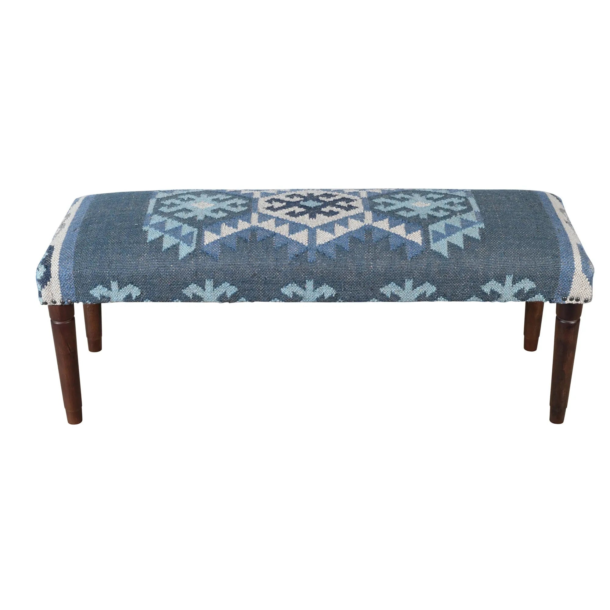 47" Blue and Brown Geometric Jute and Solid Wood Upholstered Bench Homeroots Living Room