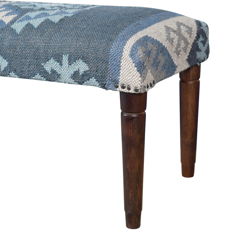 47" Blue and Brown Geometric Jute and Solid Wood Upholstered Bench Homeroots Living Room