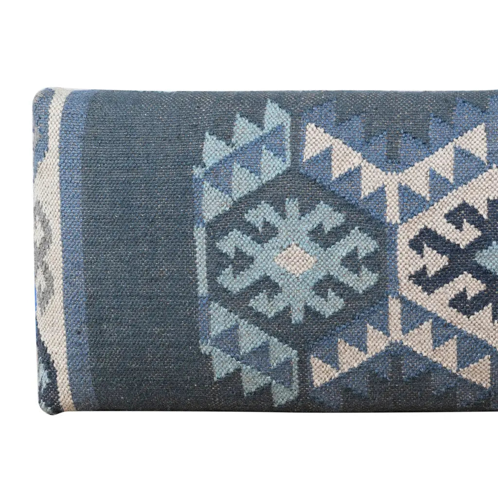 47" Blue and Brown Geometric Jute and Solid Wood Upholstered Bench Homeroots Living Room