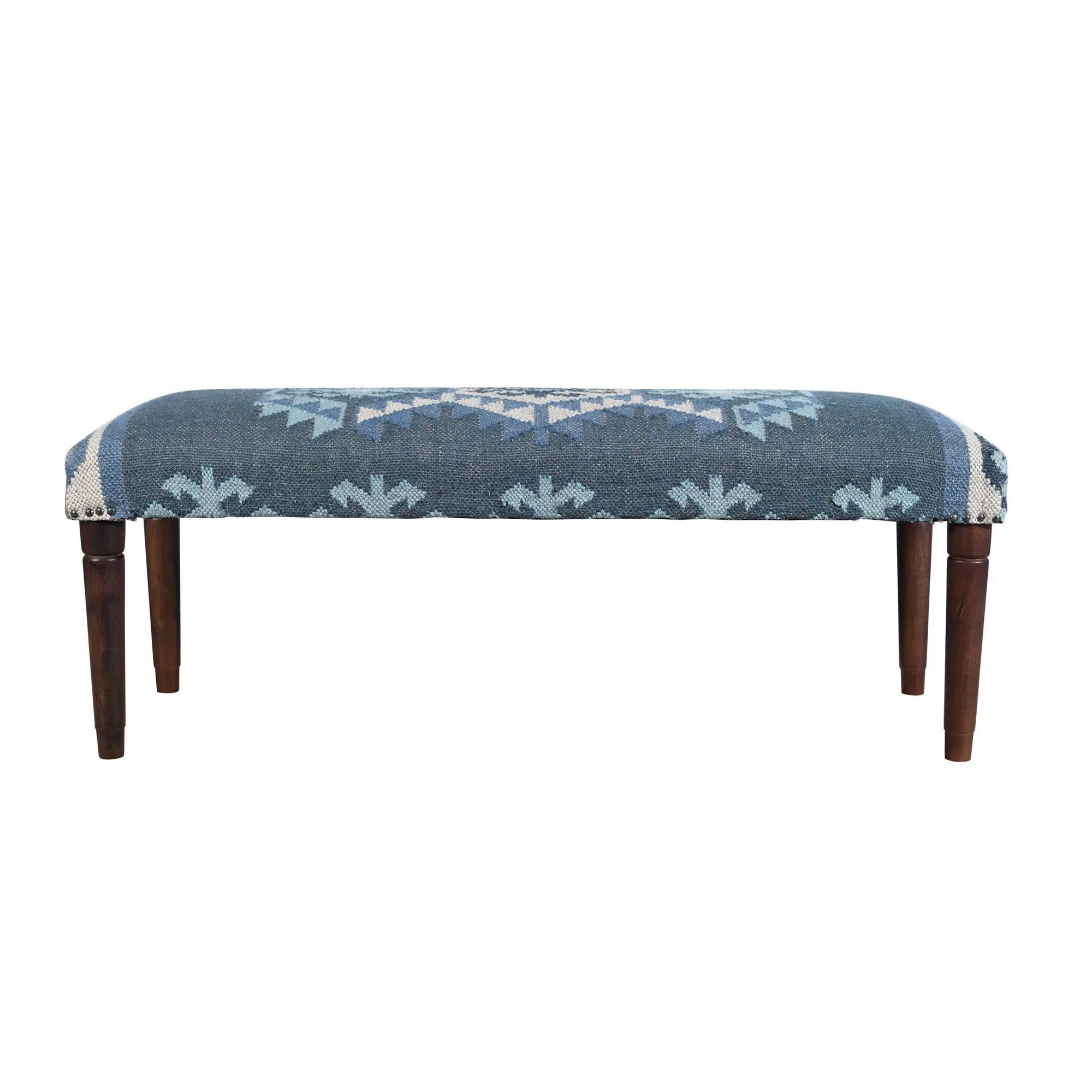 47" Blue and Brown Geometric Jute and Solid Wood Upholstered Bench Homeroots Living Room