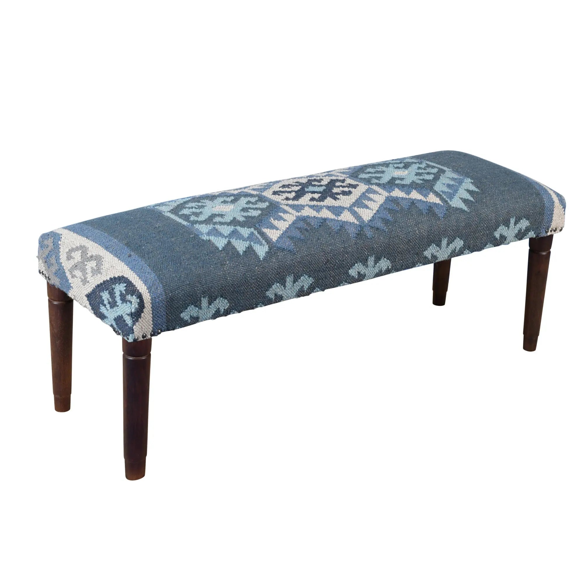 47" Blue and Brown Geometric Jute and Solid Wood Upholstered Bench Homeroots Living Room