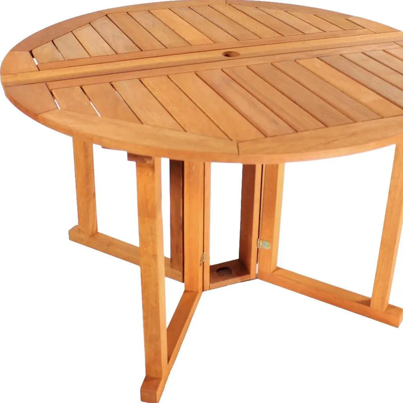 47" Brown Rounded Solid Wood Folding Outdoor Dining Table with Umbrella Hole Homeroots Outdoor