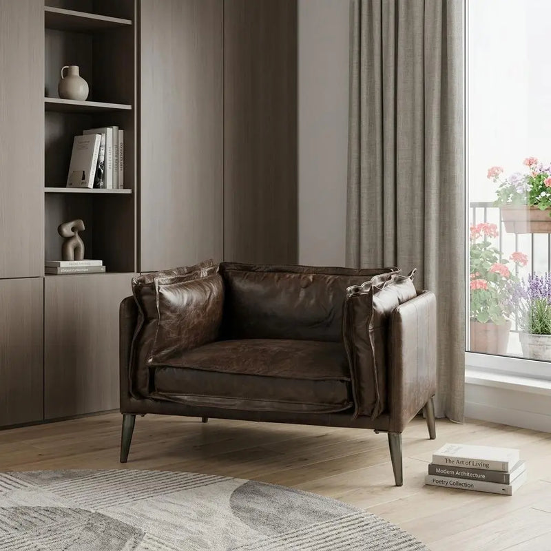 47" Brown and Black Top Grain Leather Chair and a Half Homeroots Living Room