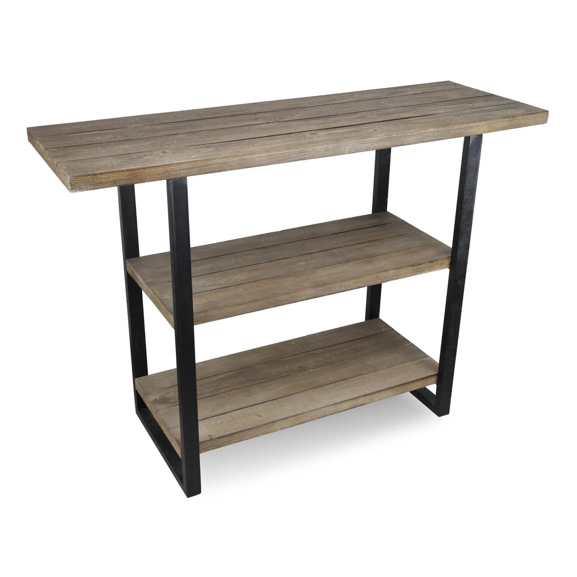 47" Brown and Black Wood and Metal Distressed Console Table With Two Shelves Homeroots Living Room