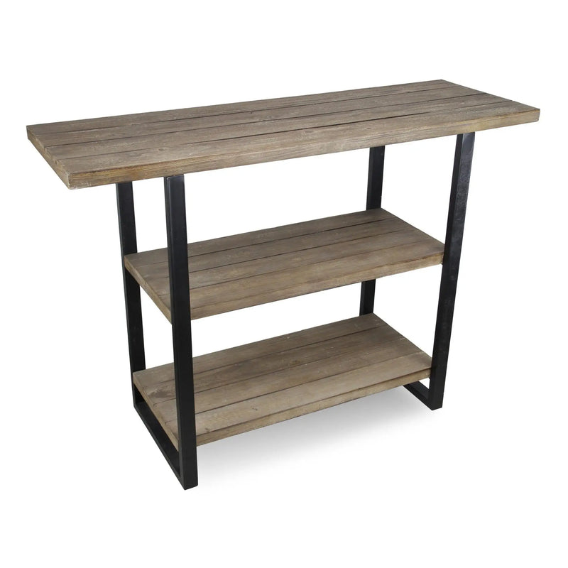 47" Brown and Black Wood and Metal Distressed Console Table With Two Shelves Homeroots Living Room