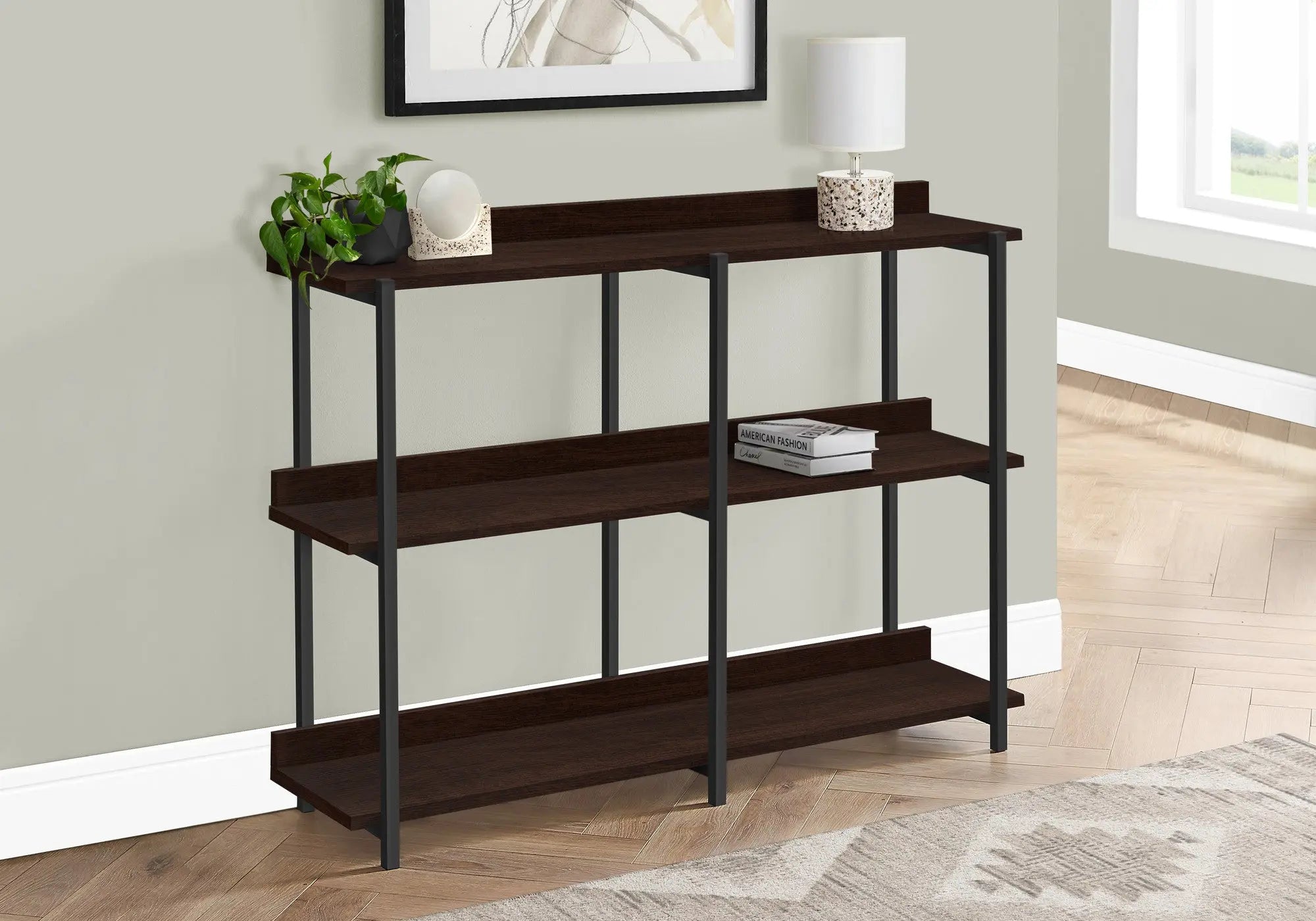 47" Brown and Black Wood and Metal Frame Console Table With Three Shelves Homeroots Living Room