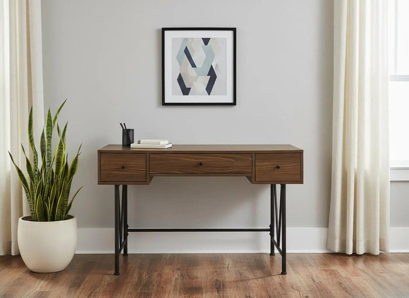 47" Brown and Black Wood and Metal Sled Computer Desk With Three Drawers Homeroots Office