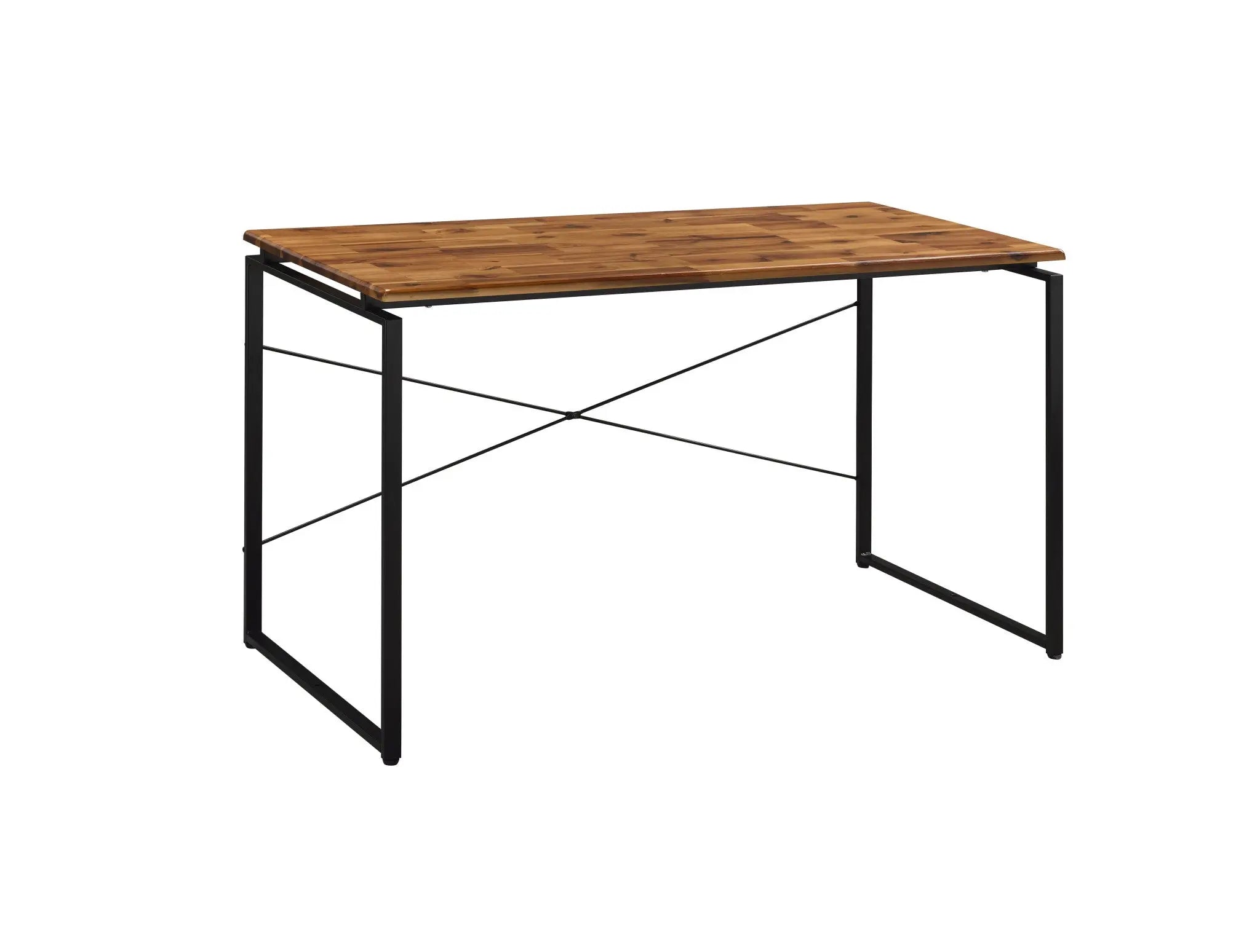 Modern industrial desk with a rustic oak top and black metal frame, ideal for home office or study.
