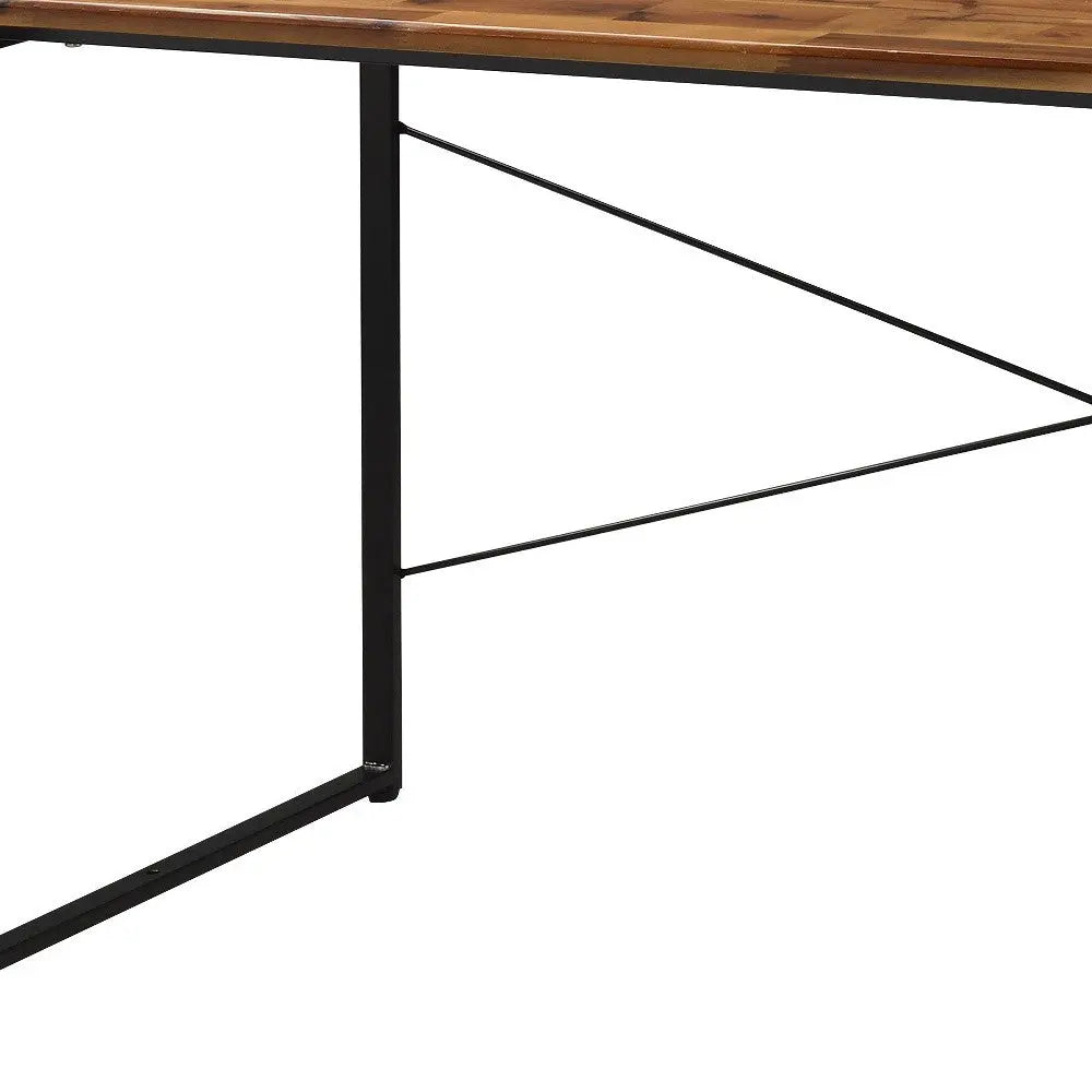 Rustic wooden dining table with a rich brown finish and black metal legs, perfect for modern or farmhouse decor.