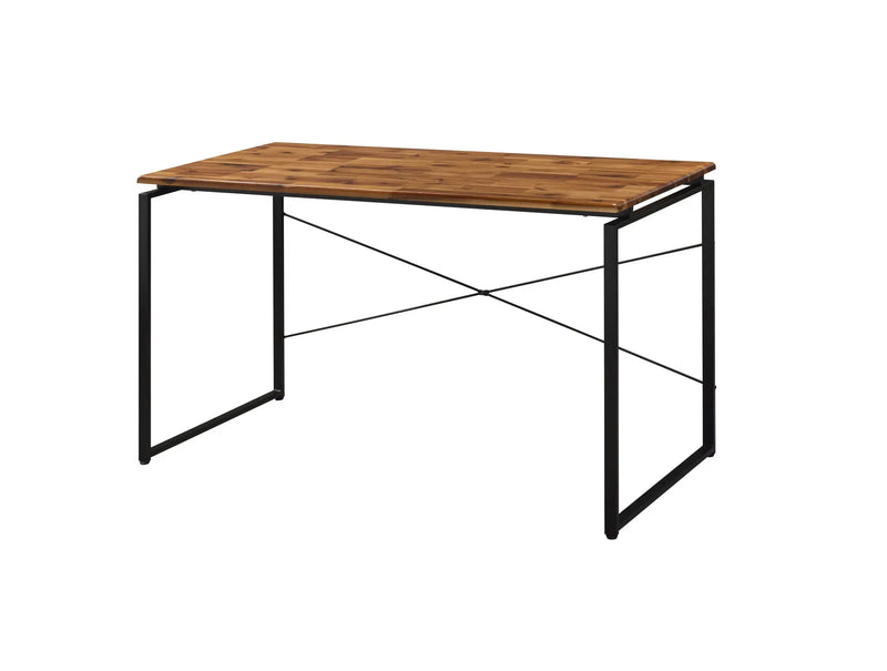 Rustic brown wood desk with black metal frame, modern minimalist design, perfect for home or office workspace.
