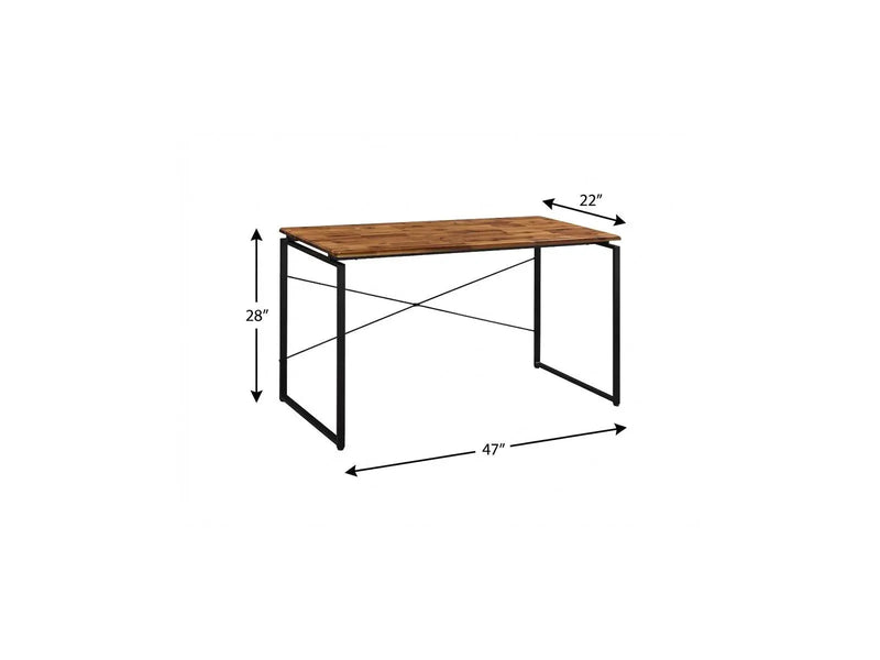 Rustic brown wood desk with black metal frame, dimensions 47"x22"x28", ideal for modern home office or workspace.