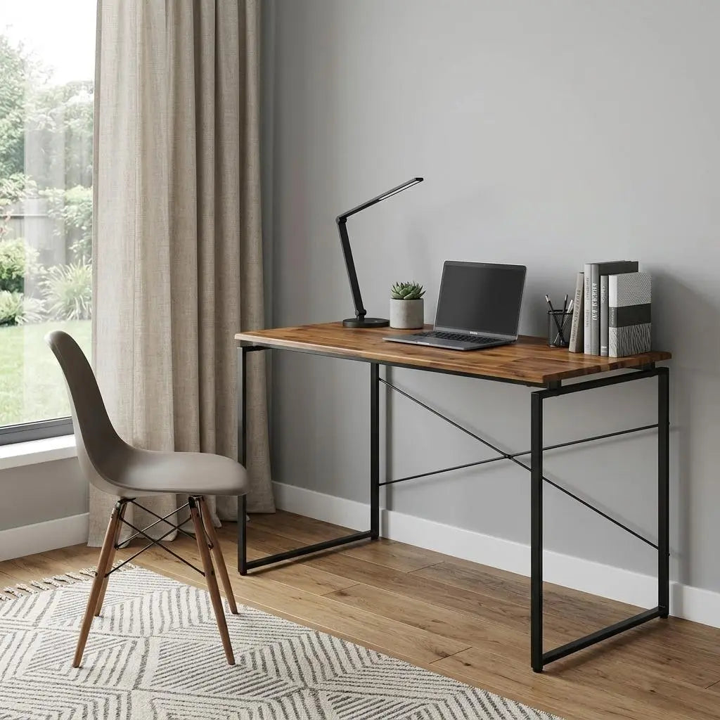 Rustic wooden desk with black metal frame, modern design, paired with a light grey chair, perfect for home office.