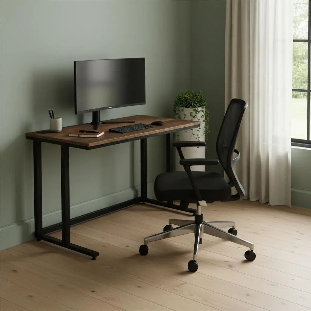 Modern black metal frame desk with a natural wood top, paired with a sleek black ergonomic office chair in a stylish room.