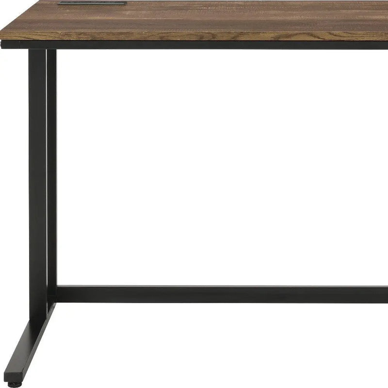 Modern brown wood desk with a black metal frame, ideal for home office or study.