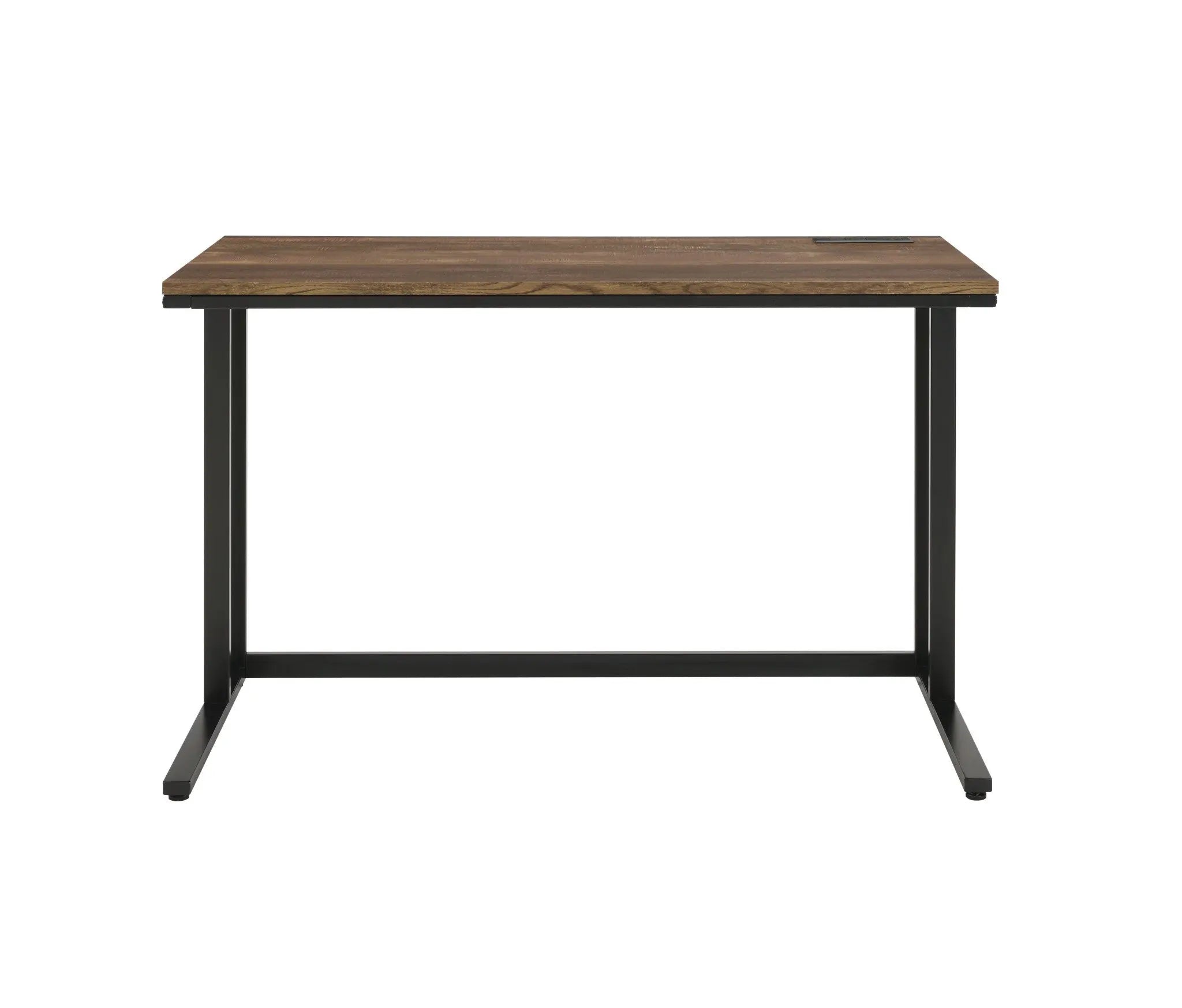 Modern walnut wood desk with a sleek black metal frame, perfect for home or office use.