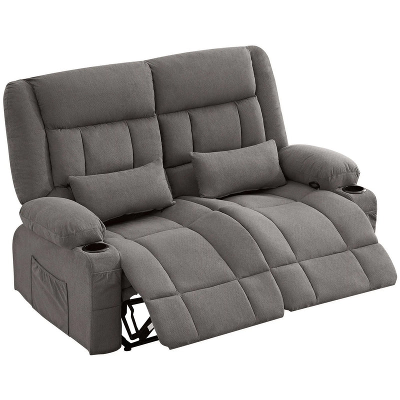 47" Gray Microfiber Manual Reclining Loveseat With Storage and Toss Pillows Homeroots Living Room