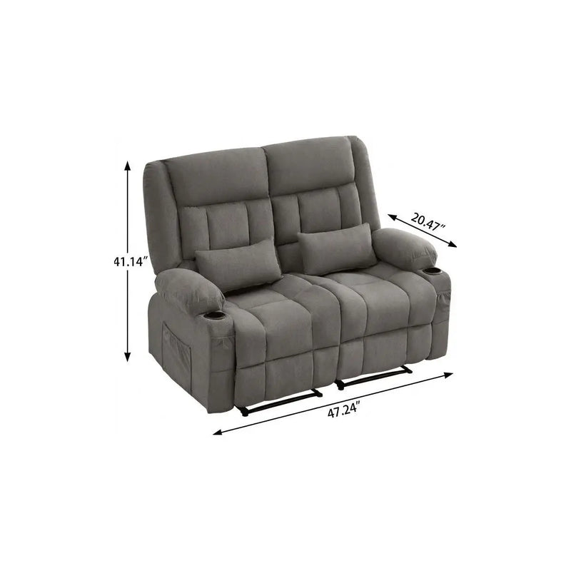 47" Gray Microfiber Manual Reclining Loveseat With Storage and Toss Pillows Homeroots Living Room