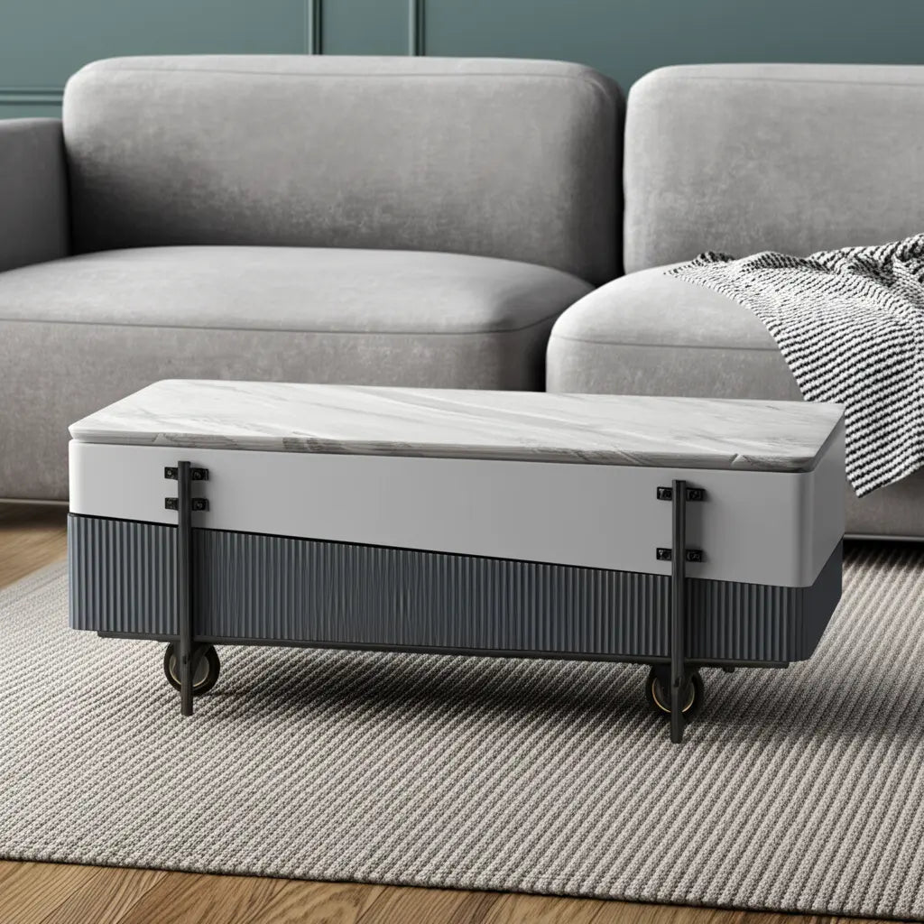 47" Gray White and Black Faux Marble Wood and Steel Lift Top Coffee Table - GreatEagleInc