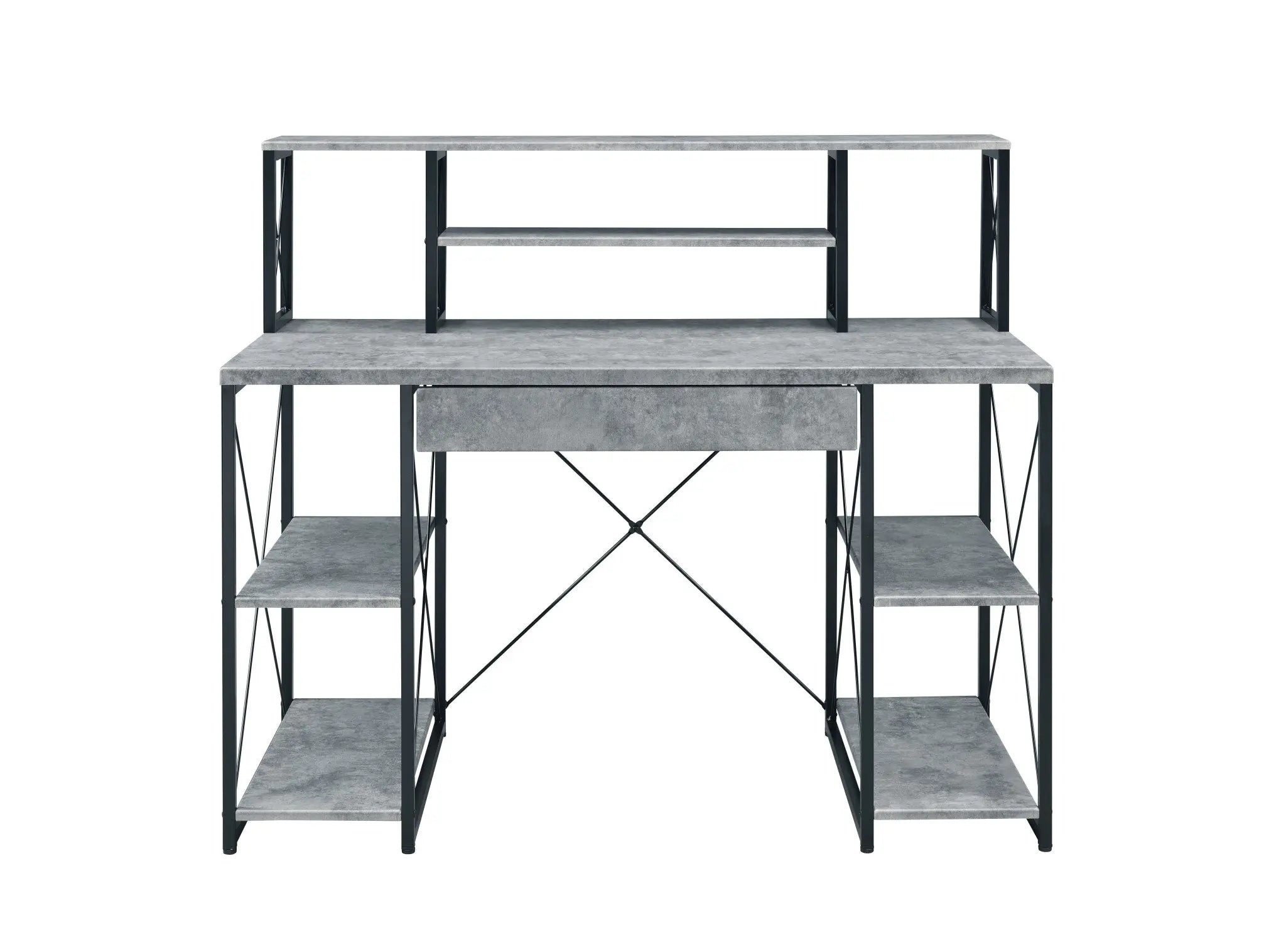 Industrial gray desk with metal frame, featuring shelves and a drawer for modern workspace organization.