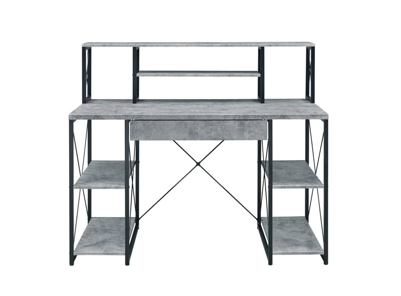 Industrial gray desk with metal frame, featuring shelves and a drawer for modern workspace organization.