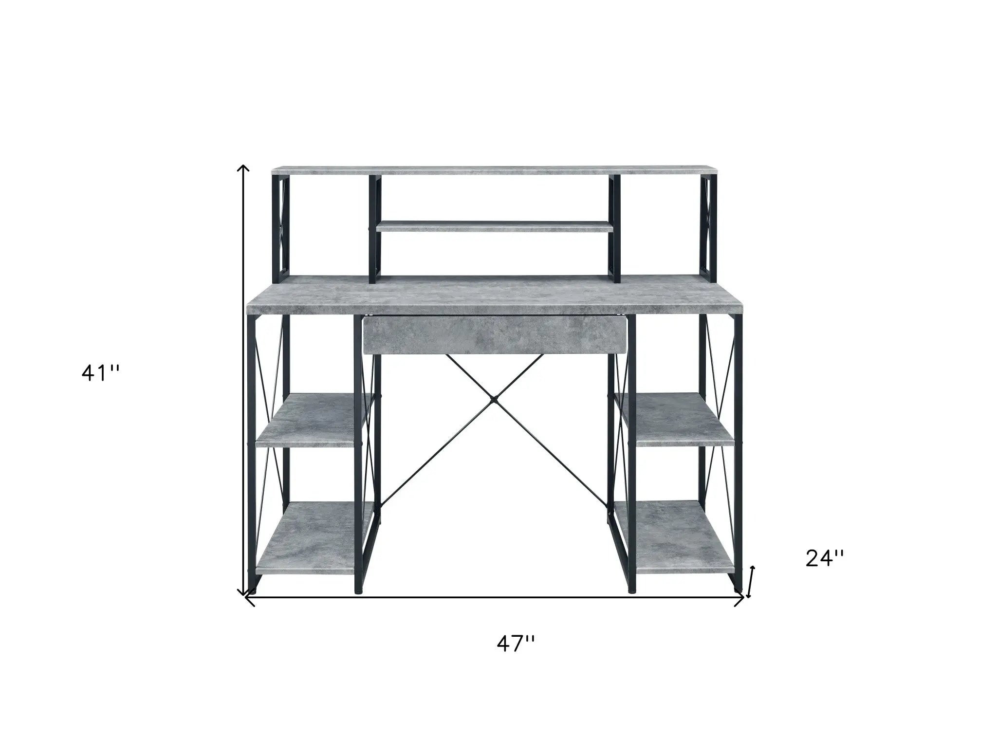 Gray industrial-style desk with black metal frame and shelves, dimensions 47" x 24" x 41". Perfect for modern spaces.