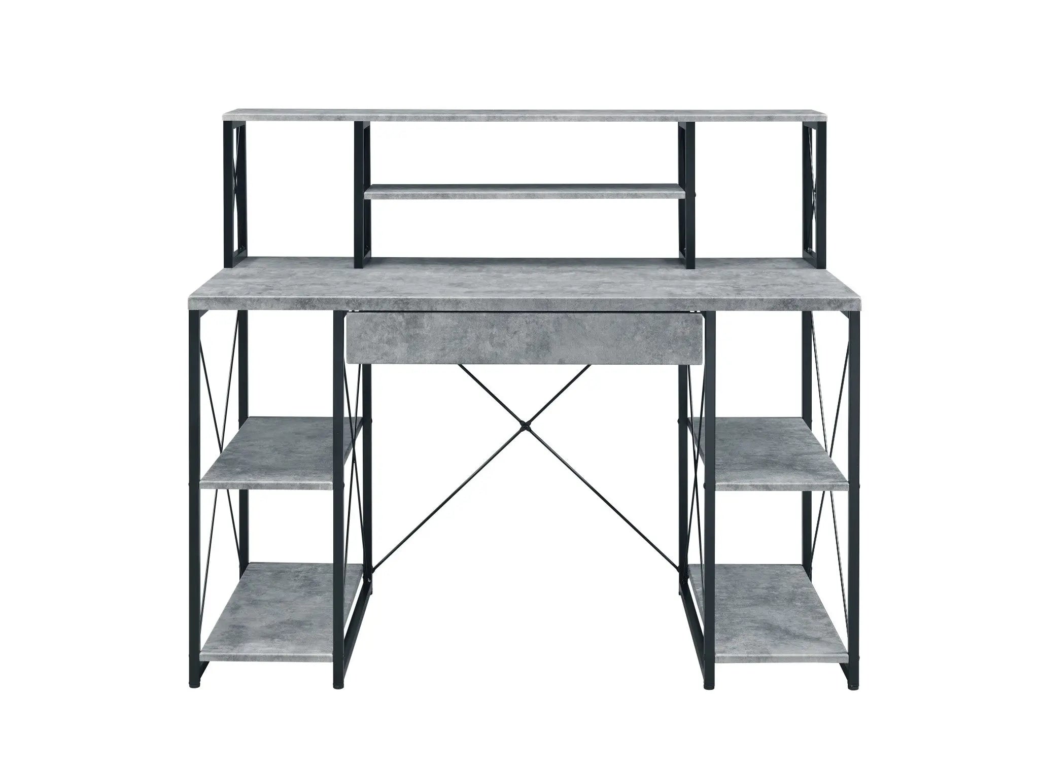 Industrial-style gray desk with metal frame, featuring multiple shelves and a central drawer for storage.