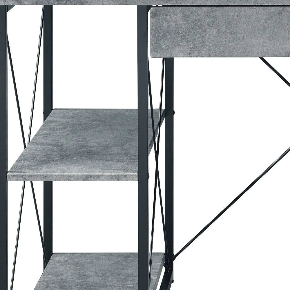 Industrial-style gray concrete shelving unit with a sleek metal frame and crossbar design. Perfect for modern decor.