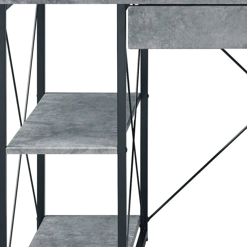 Industrial-style gray concrete shelving unit with a sleek metal frame and crossbar design. Perfect for modern decor.