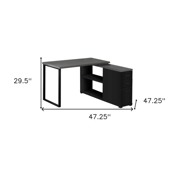 47" Gray and Black L Shape Computer Desk With Three Drawers - GreatEagleInc