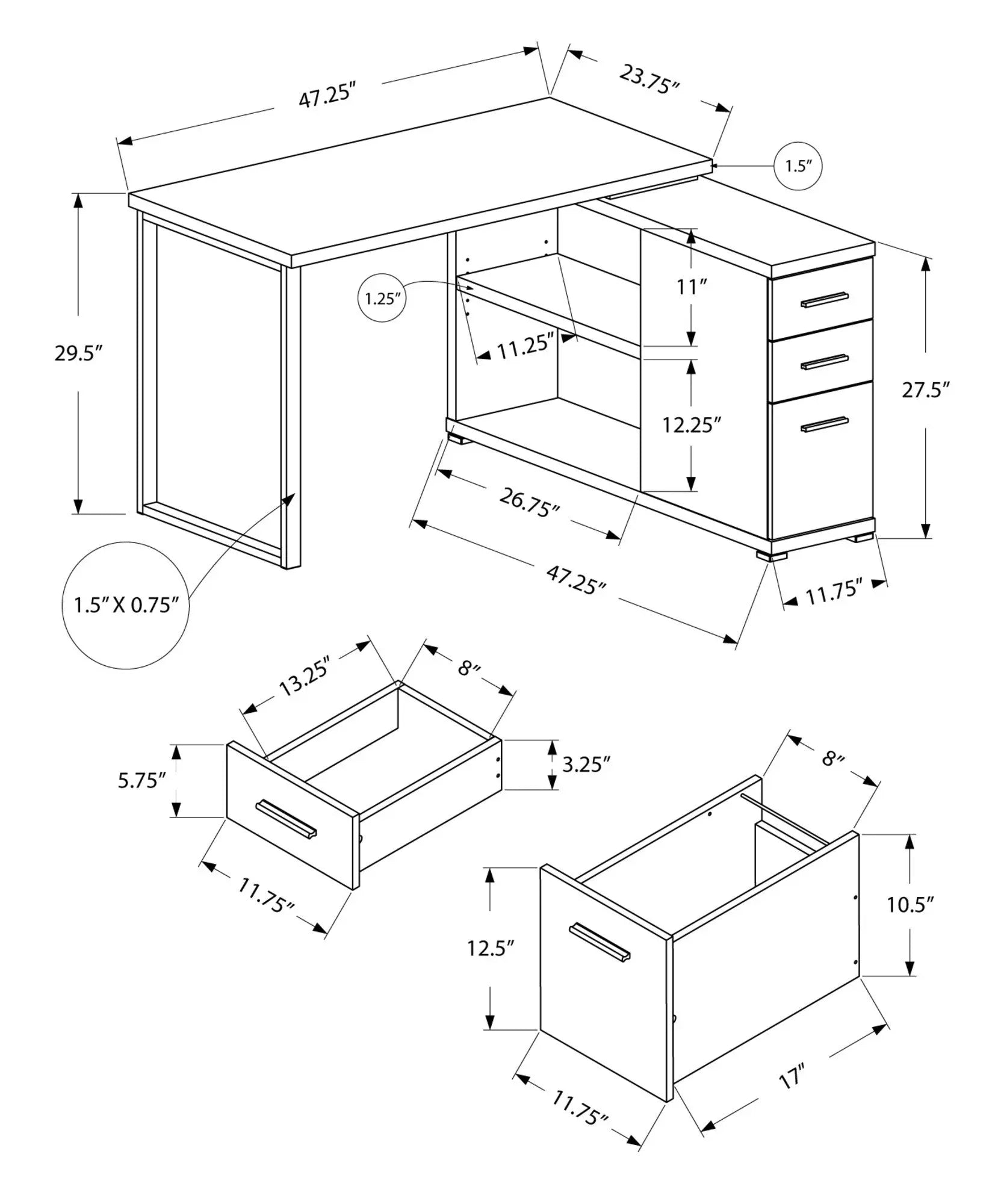 47" Gray and Black L Shape Computer Desk With Three Drawers - GreatEagleInc