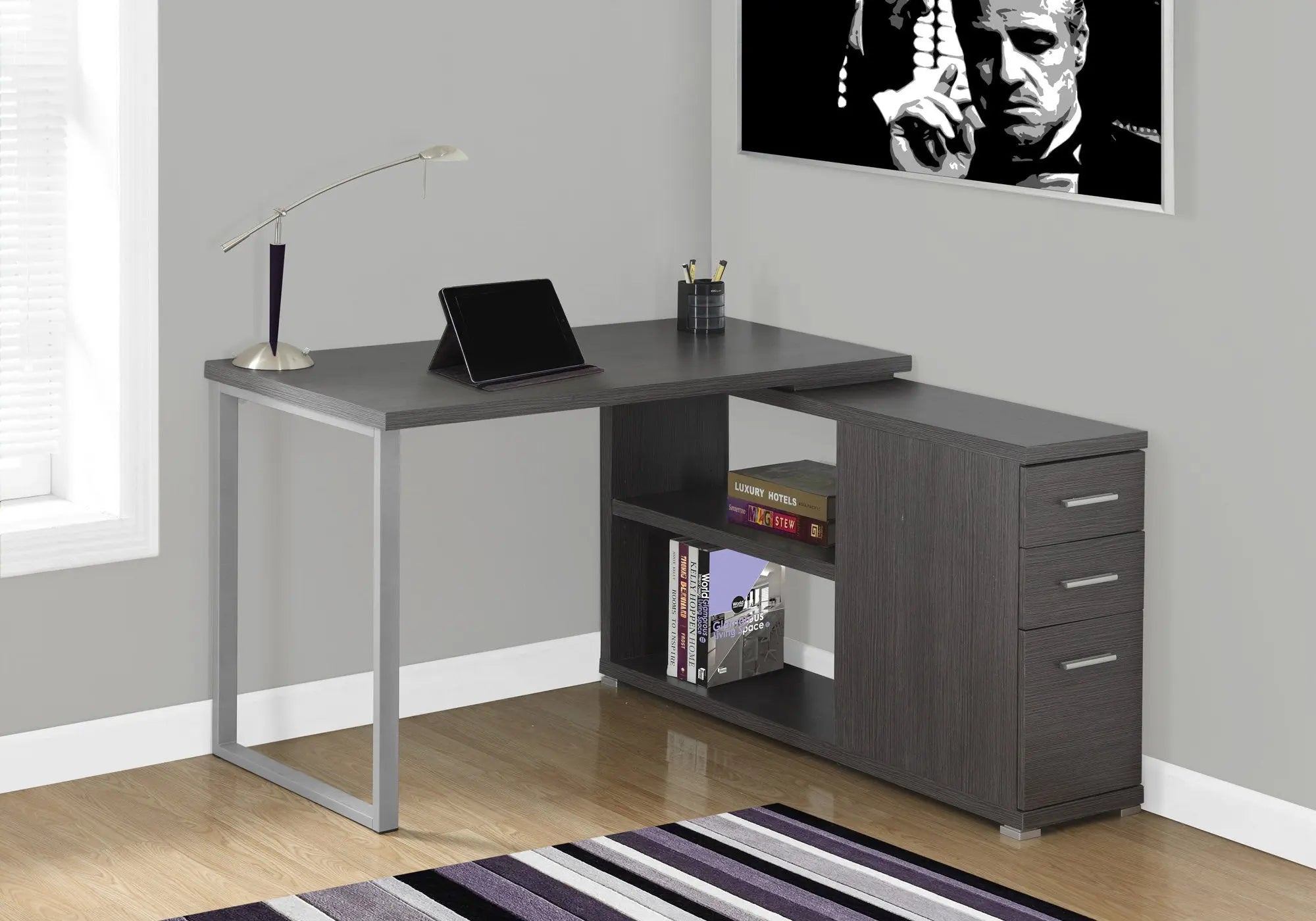 47" Gray and Silver L Shape Computer Desk With Three Drawers - GreatEagleInc
