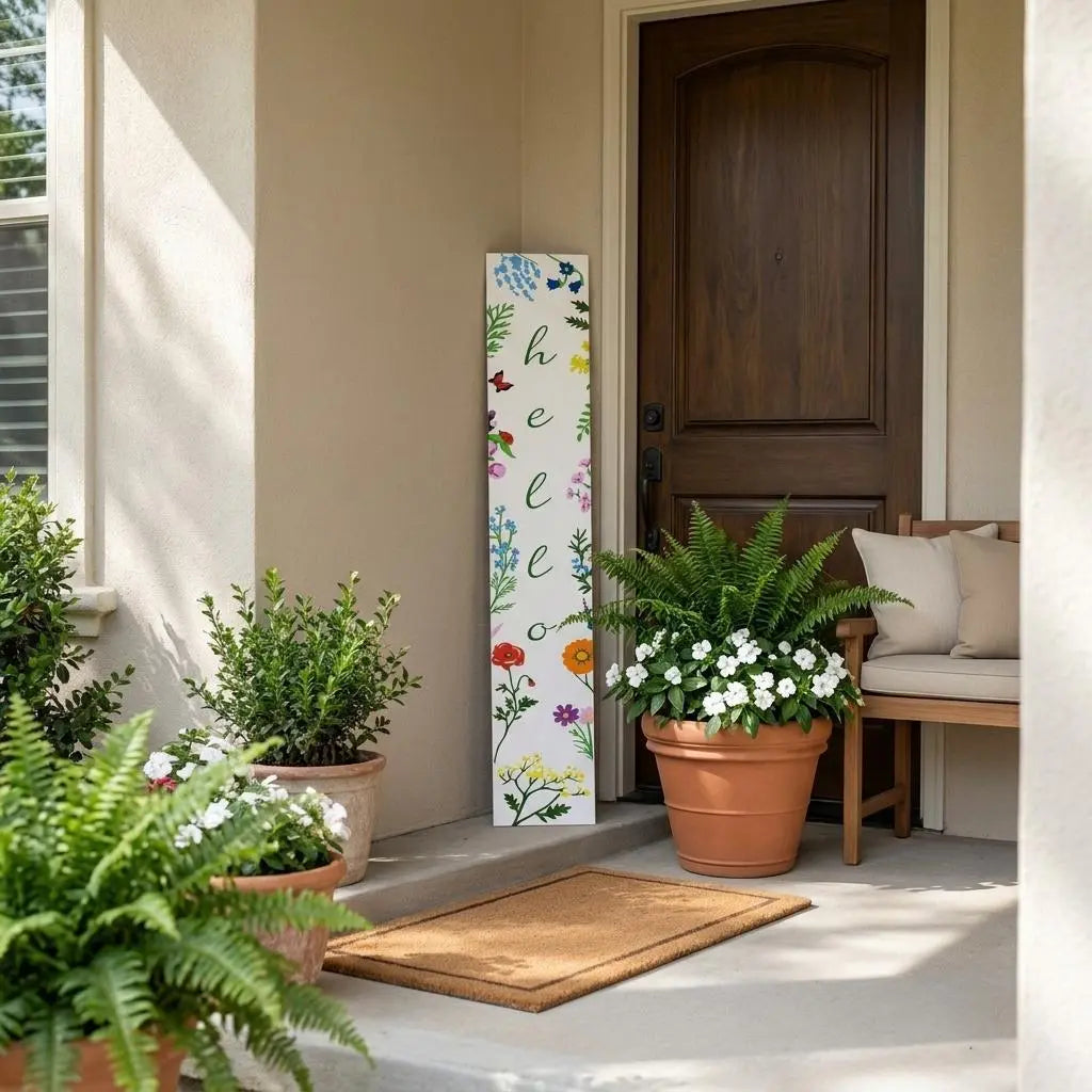 47" Green And White Solid Wood Floral Bouquet Hello Porch Sign Homeroots Outdoor