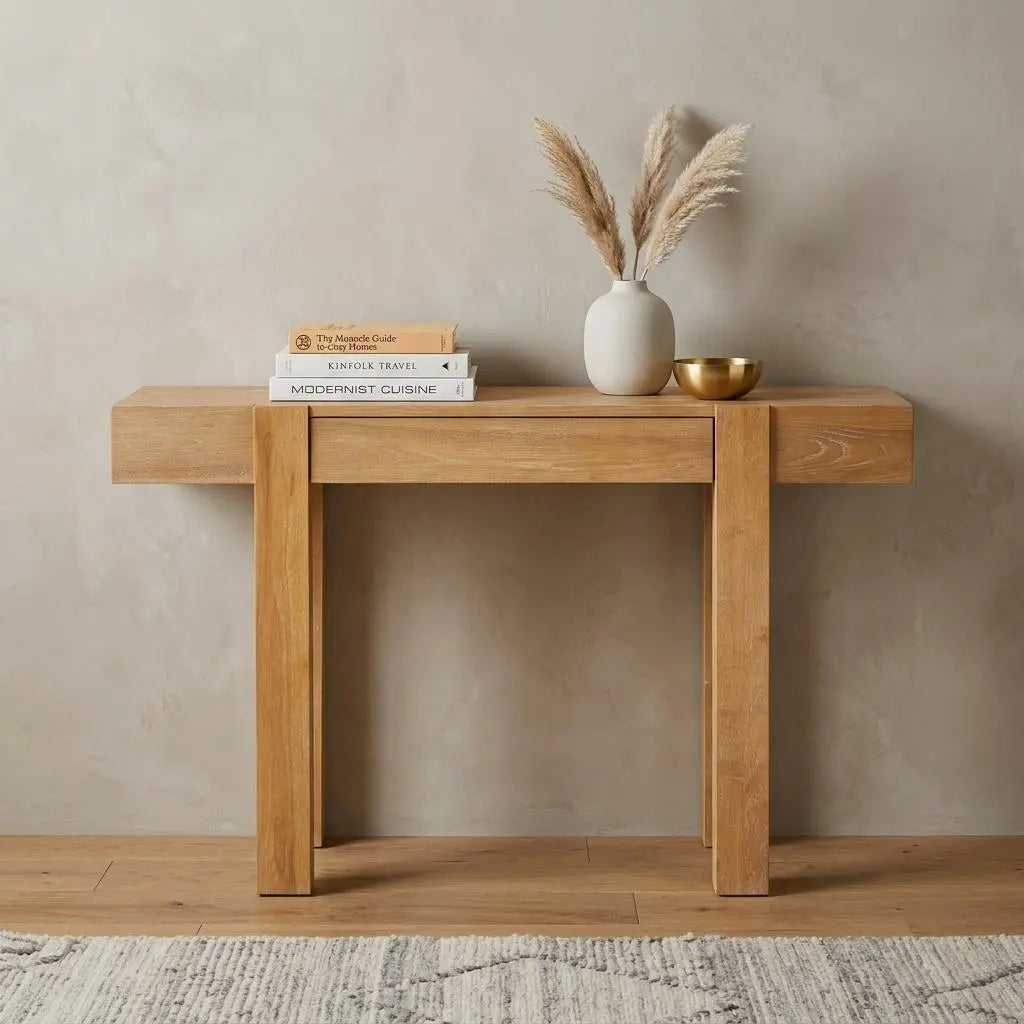 47" Natural Wood Console Table With USB And Drawer Homeroots Living Room