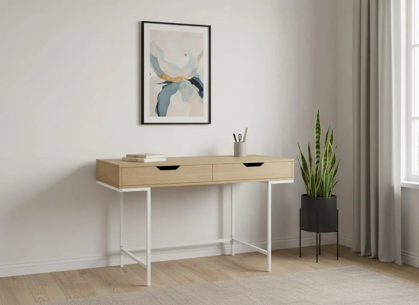 47" Natural and White Wood and Metal H-Shape Computer Desk With Two Drawers Homeroots Office