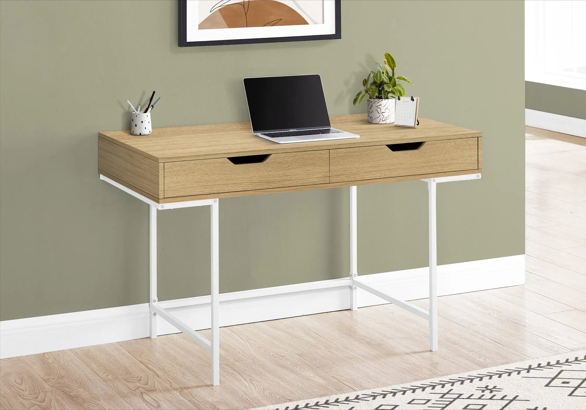 47" Natural and White Wood and Metal H-Shape Computer Desk With Two Drawers Homeroots Office