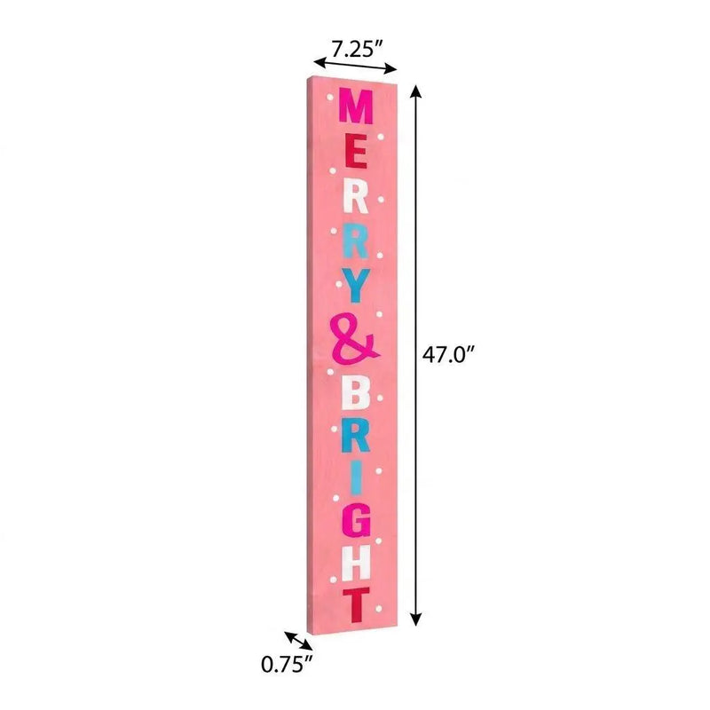 47" Pink And White Solid Wood Merry & Bright Christmas Snow Scene Porch Sign Homeroots Outdoor