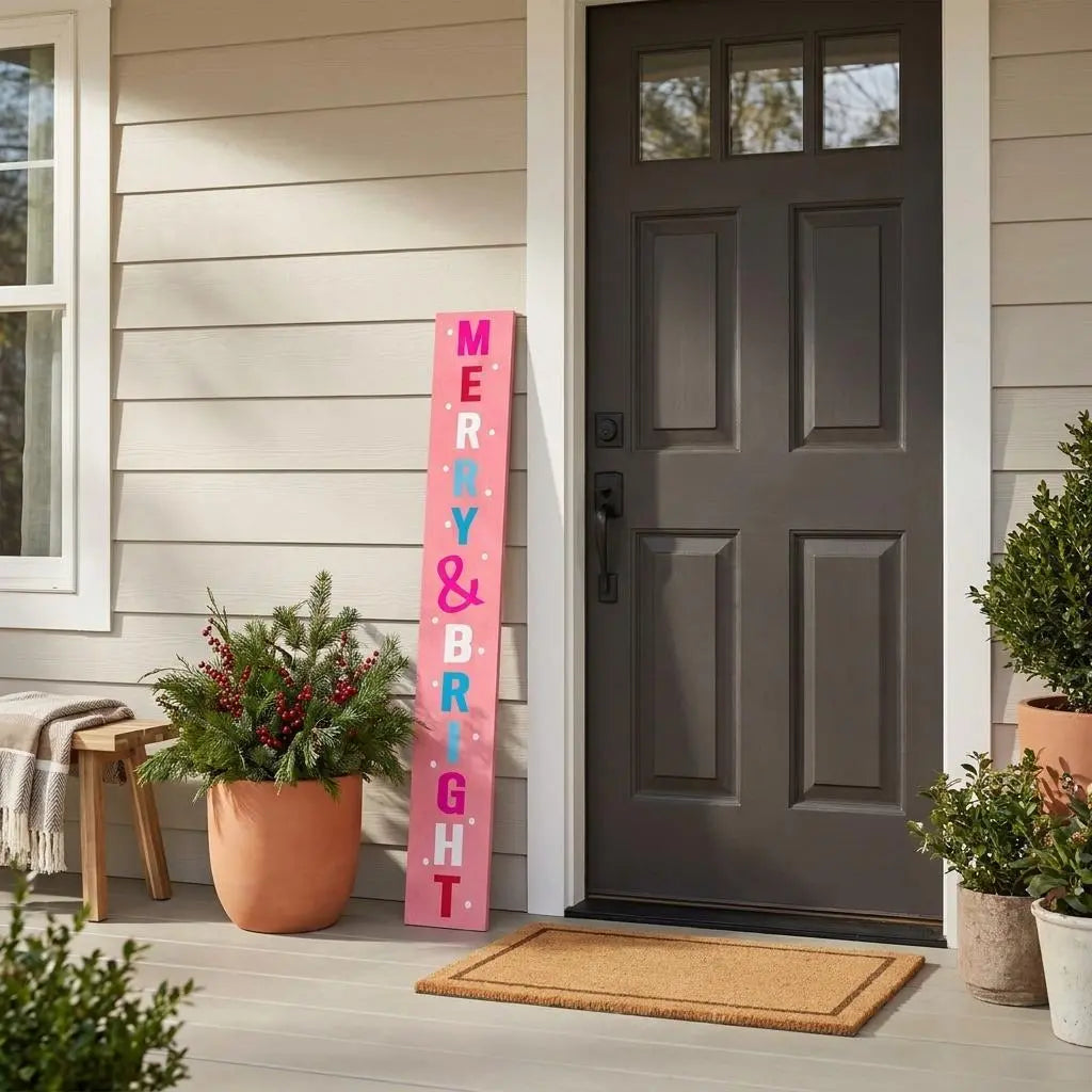 47" Pink And White Solid Wood Merry & Bright Christmas Snow Scene Porch Sign Homeroots Outdoor