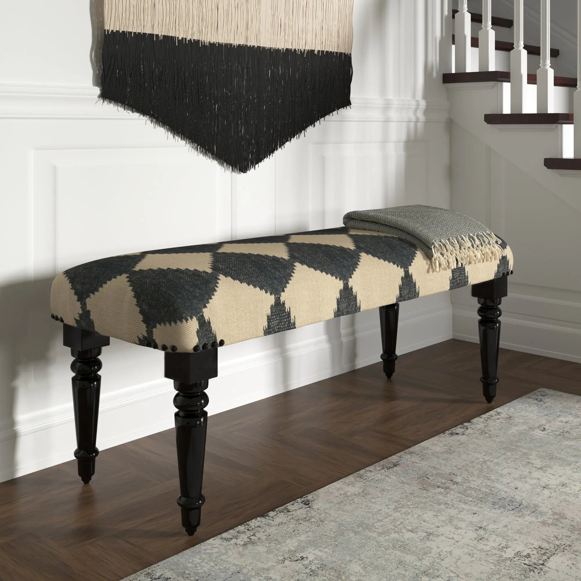 47" Tan And Black Black Leg Checkered Upholstered Bench Homeroots Living Room