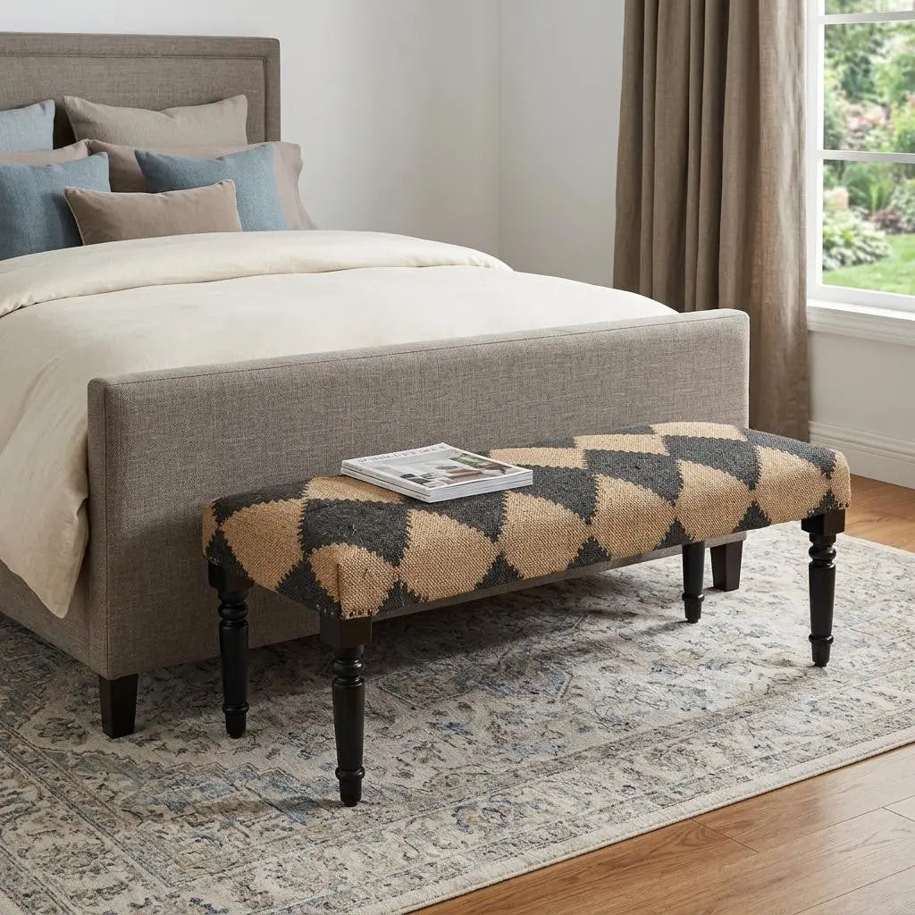 47" Tan And Black Black Leg Checkered Upholstered Bench Homeroots Living Room