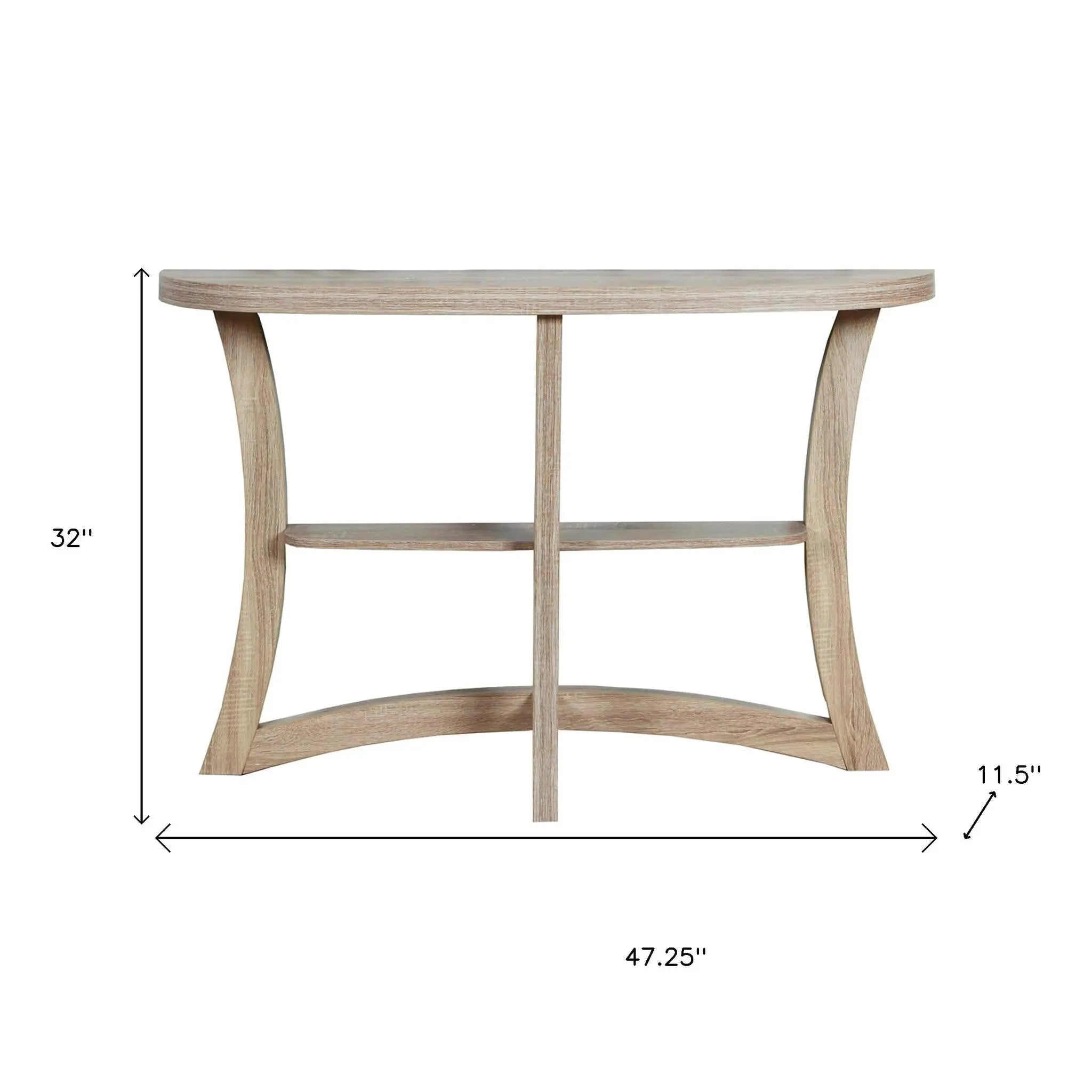 47" Taupe Half Moon Three Leg Console Table With Shelves Homeroots Living Room