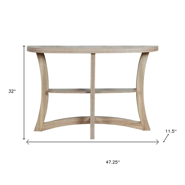 47" Taupe Half Moon Three Leg Console Table With Shelves Homeroots Living Room