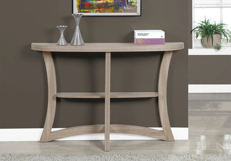 47" Taupe Half Moon Three Leg Console Table With Shelves Homeroots Living Room