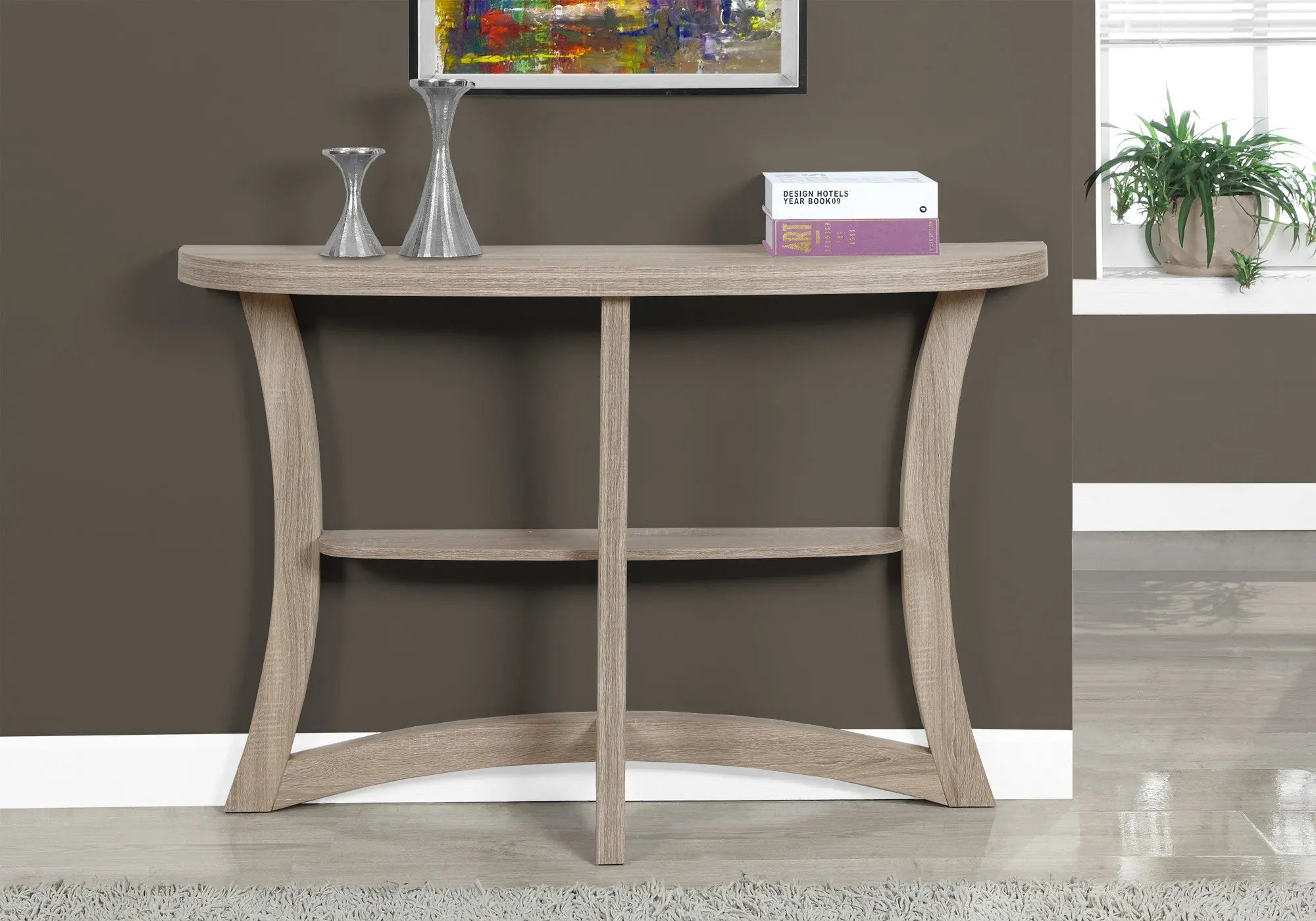 47" Taupe Half Moon Three Leg Console Table With Shelves Homeroots Living Room