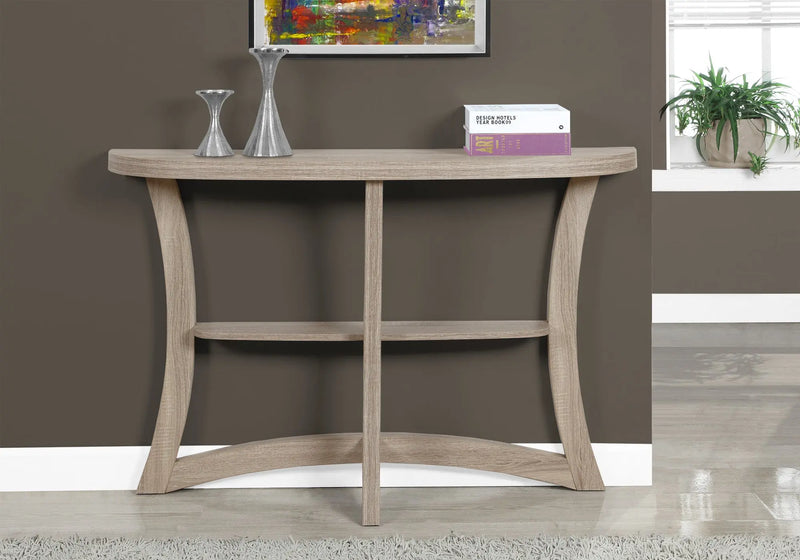 47" Taupe Half Moon Three Leg Console Table With Shelves Homeroots Living Room