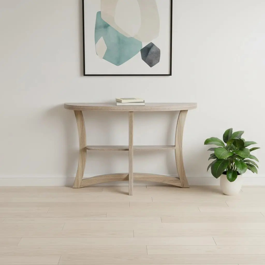 47" Taupe Half Moon Three Leg Console Table With Shelves Homeroots Living Room