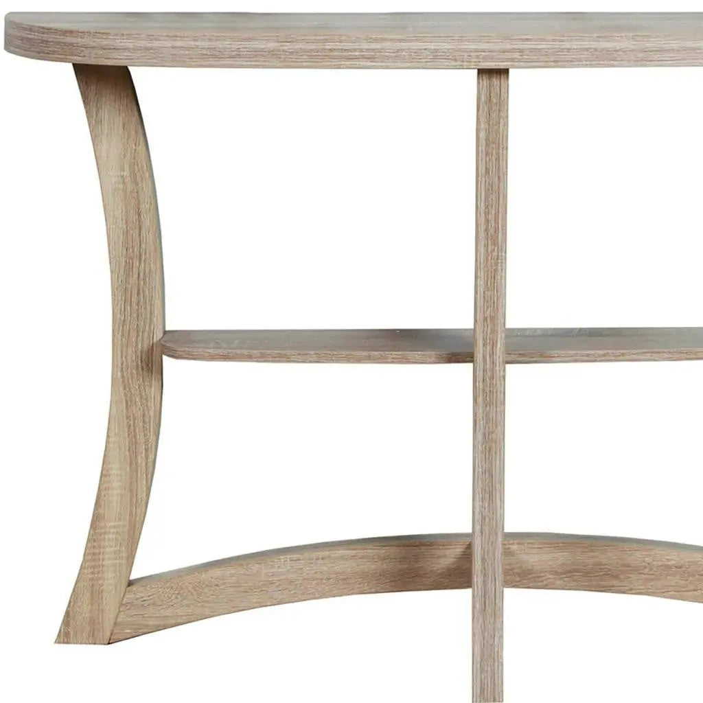 47" Taupe Half Moon Three Leg Console Table With Shelves Homeroots Living Room
