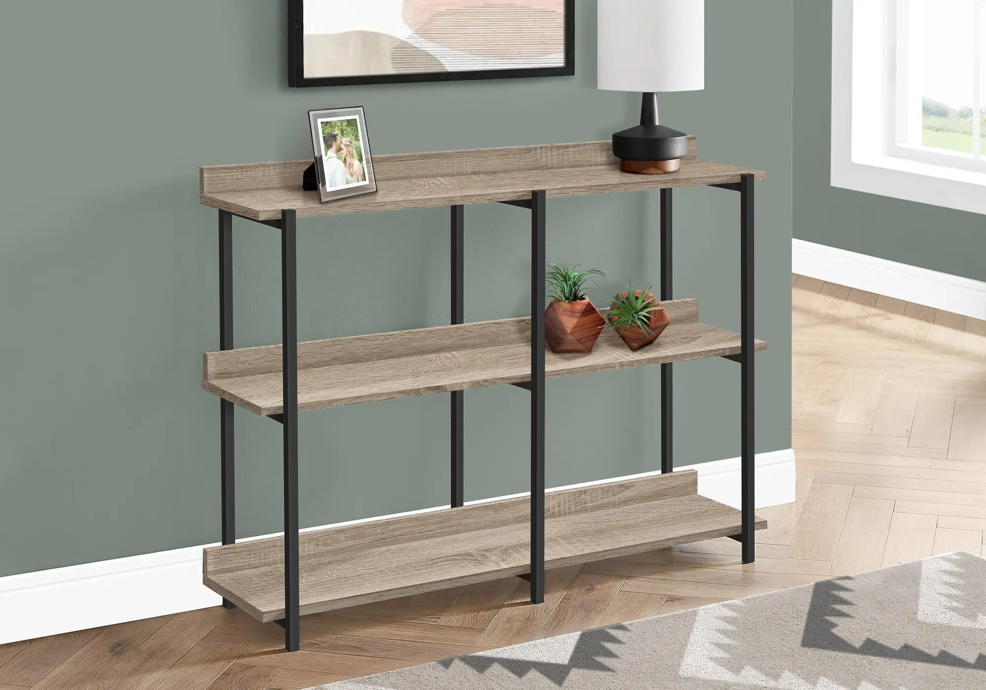 47" Taupe and Black Wood and Metal Frame Console Table With Three Shelves Homeroots Living Room